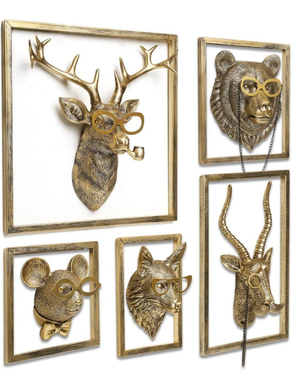 5-Piece Animal Head Wall Decor Set - Gold Vintage Resin Sculptures for Home